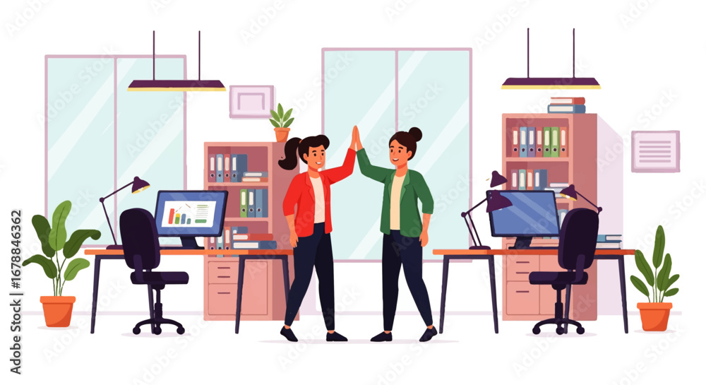 Fototapeta premium Two smiling businesswomen give a high five in a modern, brightly lit office, celebrating success and teamwork.