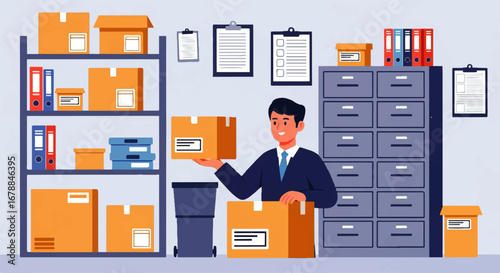 A cheerful businessman carefully handles packages in his organized office storage room, reflecting efficiency and order.