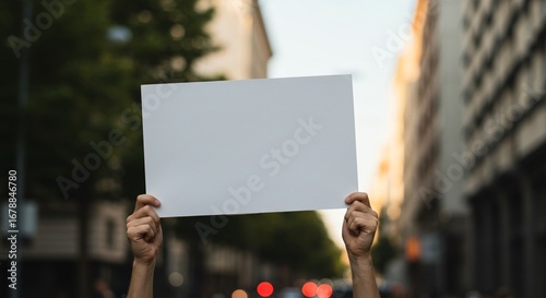 Hands Raising Blank Protest Card in Urban Street
