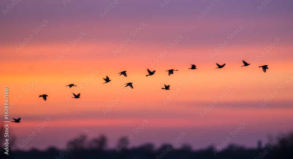 Obraz premium Birds Flying in Formation at Colorful Sunset Sky