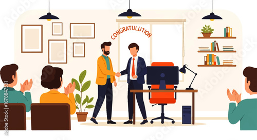 Two businessmen shake hands in a modern office, colleagues applaud, celebrating success and achievement.