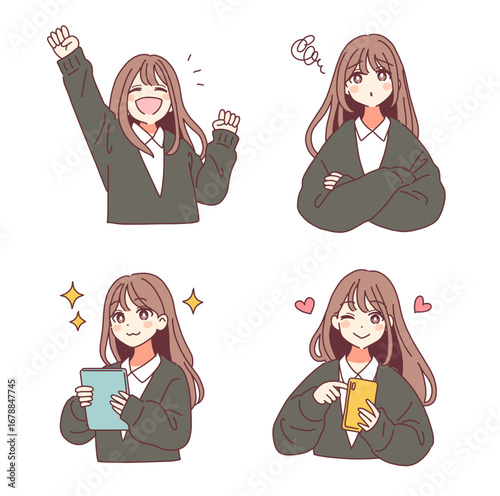 アニメスタイルの女の子、表情バリエーション