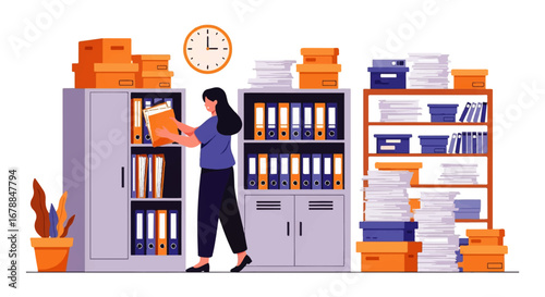 A smiling businesswoman efficiently files documents in an organized office cabinet amidst stacks of paperwork, conveying a sense of productivity and order.