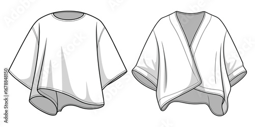 Front and back view of a white draped poncho or cape top clothing apparel
