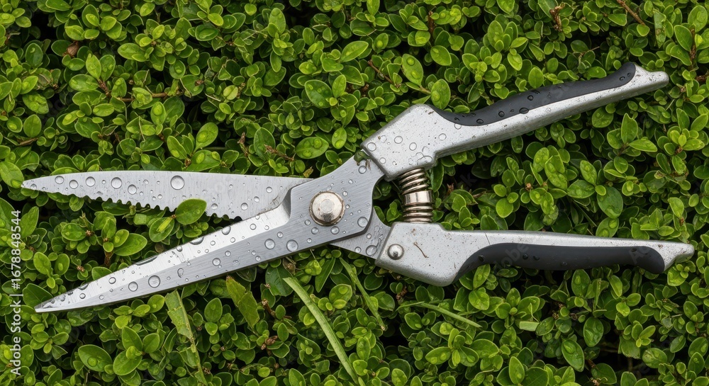 Obraz premium Gardening shears resting on a green hedge with water droplets