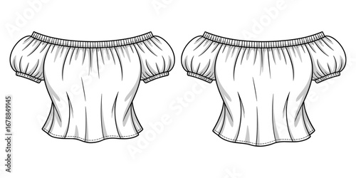 Off Shoulder Puff Sleeve Blouse Fashion Design Technical Drawings Front Back clothing apparel