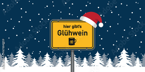 place sign with german word mulled wine in snowy winter landscape vector illustration
