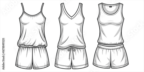 Three styles of white women's short rompers with spaghetti straps and v-neck jumpsuit shorts