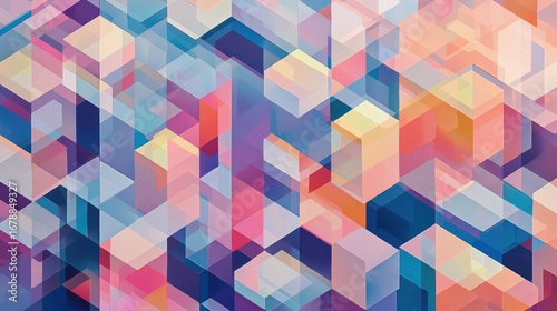 A vibrant abstract artwork features a complex arrangement of overlapping geometric shapes. The shapes are predominantly rectangular and hexagonal, 