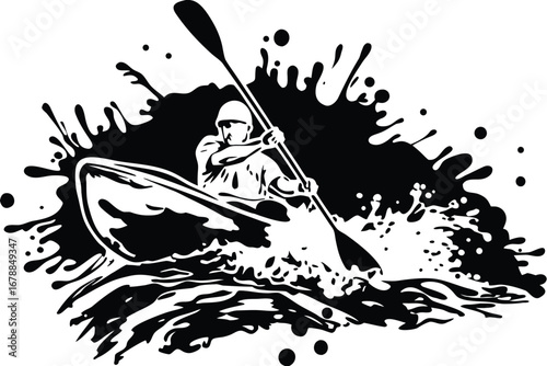 Black Silhouette Kayaker Paddling Through Splashing Water On White Background