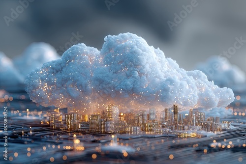 Futuristic smart city under a glowing digital data cloud concept.