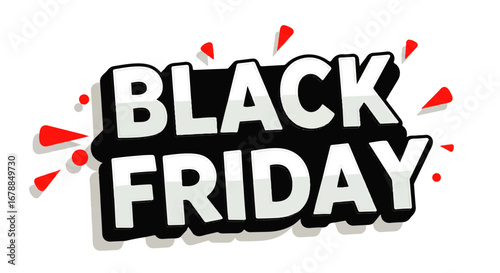 A bold, three-dimensional "Black Friday" announcement bursts from the page with red and grey accents, creating an energetic and exciting sale graphic.