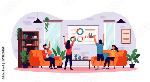 A jubilant team celebrates a successful project presentation with charts and graphs displayed in their modern, plant-filled office.