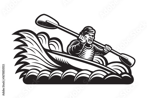 Determined man paddling in boat on river, on white background