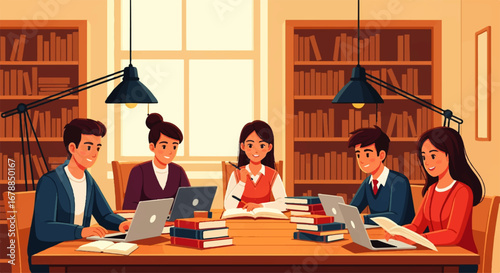 Happy college students collaborate on a project, using laptops and books in a warm, inviting library setting.