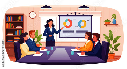 A confident businesswoman presents financial data via charts to attentive colleagues during a productive meeting in a modern office.