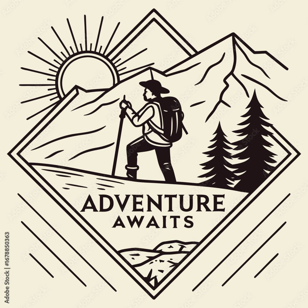 Obraz premium Adventure Awaits Typography with Mountain Hiking Illustration