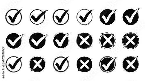 Grunge check and cross marks in circles isolated on white background for voting, selection, approval, confirmation, and validation purposes