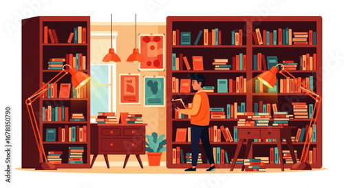 A young man happily explores a well-lit library filled with bookshelves, finding joy in discovering new knowledge amidst the comforting ambiance.