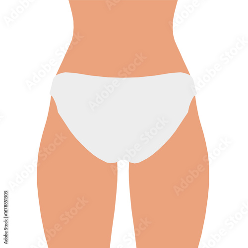 A girl in white panties stands in a relaxed pose against a light blue background, her silhouette highlighted by the bright garment.
