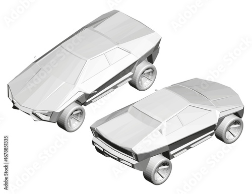 Polygonal car concept rendered as realistic 3D models, featuring geometric low poly design on clean white background.