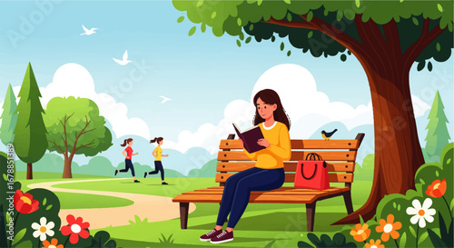 A woman peacefully reads a book on a park bench under a tree's shade, while joggers exercise in the sunny background.