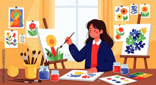A joyful young artist paints vibrant flowers on canvas in her bright, art-filled studio, creating a cheerful and creative atmosphere.