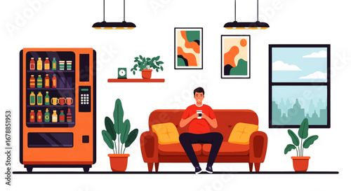 A relaxed man sits on a brown couch in a modern office breakroom, enjoying a coffee near a vending machine, showcasing a calm and productive atmosphere.