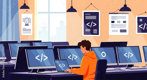 A young programmer diligently codes on his laptop amidst a row of computers in a modern, brightly lit workspace.