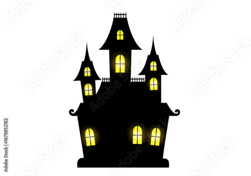 Spooky Halloween Haunted House Silhouette with Glowing Windows.