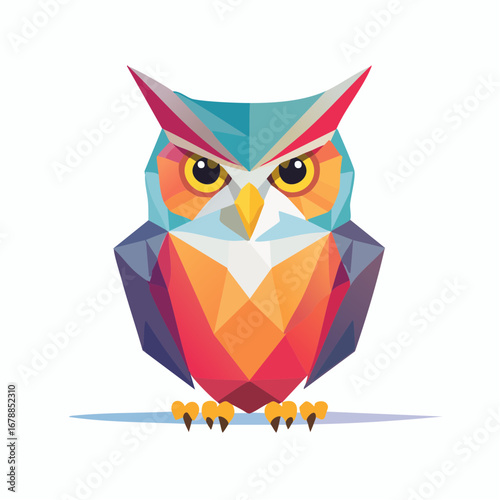 Geometric low-poly owl design with vibrant, multicolored facets. An abstract vector illustration symbolizing nocturnal wisdom and intelligence