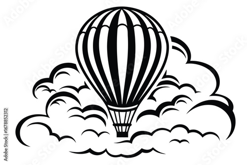 Hot Air Balloon in Clouds, Bold Black and White Design on White Background