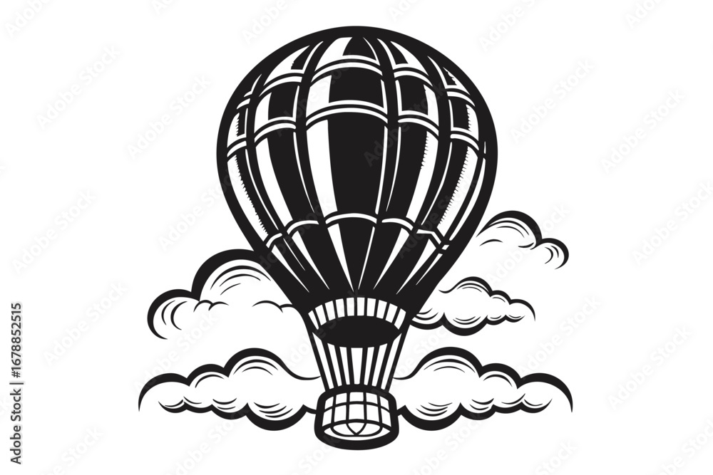 Naklejka premium Black and White Hot Air Balloon Silhouette with Stylized Clouds Icon