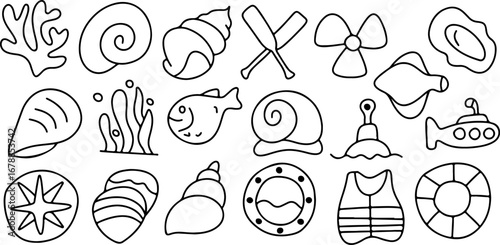 Hand drawn sea life and beach icons set, doodle ocean symbols including seashell, starfish, coral, fish, submarine, seaweed, lifebuoy, life jacket, nautical and marine illustration collection