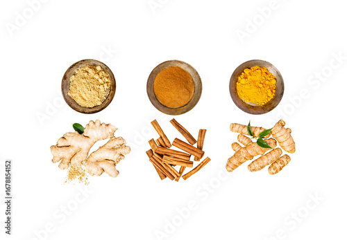 ginger, turmeric and cinnamon with powder isolate on white transparent background