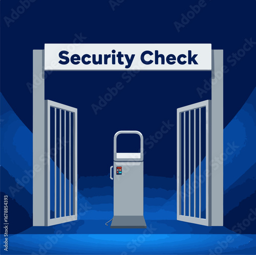 An open security gateway with a screening machine symbolizing access control, safety protocols, and modern verification systems