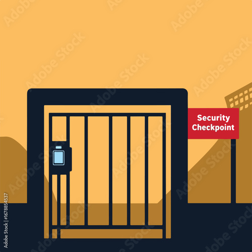 Secure boundary concept showing a locked gate at a modern security checkpoint with digital access