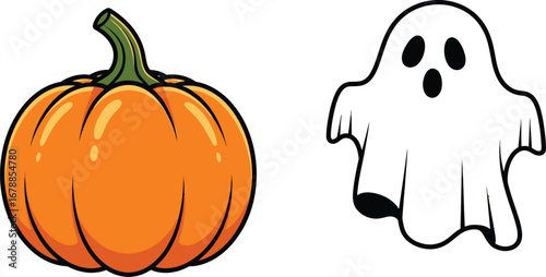 Cartoon pumpkin and ghost for halloween celebration and decoration in october, perfect for greeting card