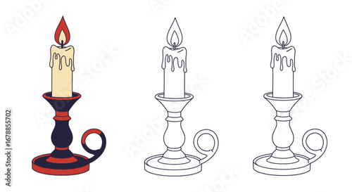 Vector Outline Coloring Book Set of Candles in Candlesticks with Flame