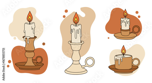 Vector Outline Coloring Book Set of Candles in Candlesticks with Flame