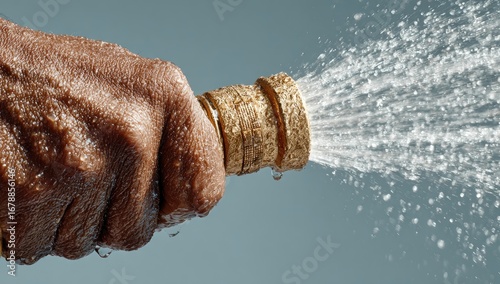 Hand holding a garden hose nozzle spraying water