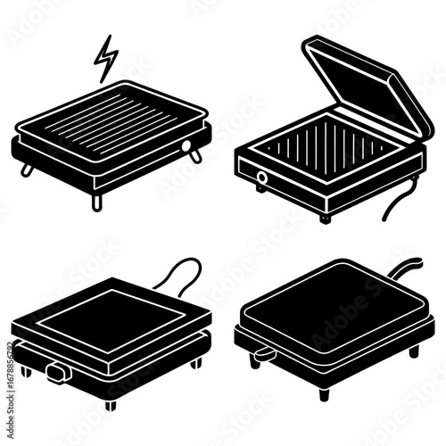 Isometric view of four black sandwich press appliances in different states of opening and closing