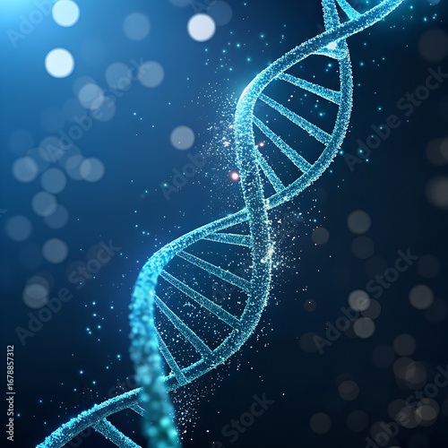 A close-up view of a DNA double helix structure, glowing in blue tones against a dark background. Sparkling particles surround the helix, emphasizing a scientific theme.