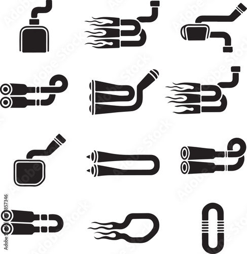 car, exhaust, pipe, collection, muffler, system, auto, part, simple, solid, black, design, icon, set, vector