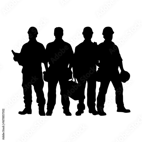 Silhouette of a dedicated team of construction workers, skilled tradesmen ready for industrial projects and hard work