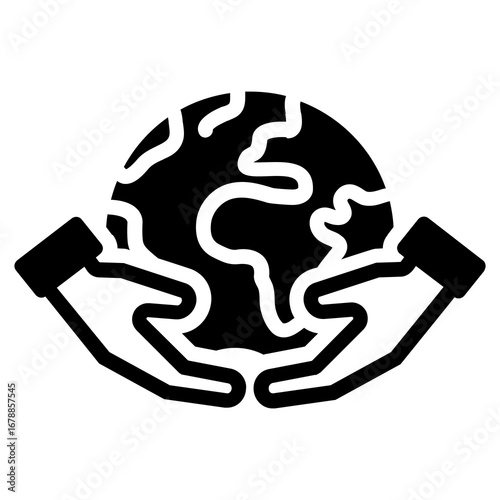 Black glyph icon of hands supporting the world, representing environmental care and conservation efforts
