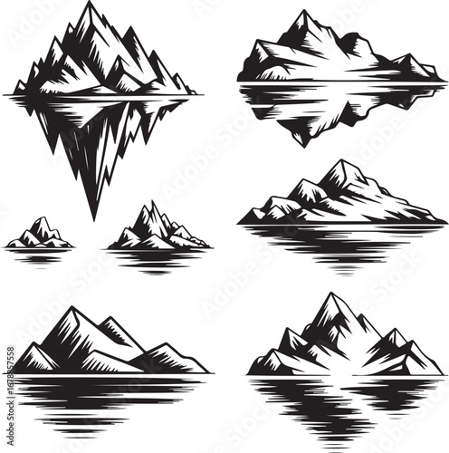 mountain, range, silhouette, set, peak, and, lake, reflection, landscape, wilderness, adventure, simple, solid, black, design, vector