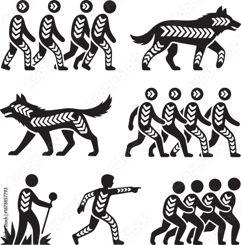 tribal, people, and, wolf, collection, ethnic, folk, art, style, journey, walking, simple, solid, black, design, icon, set, vector