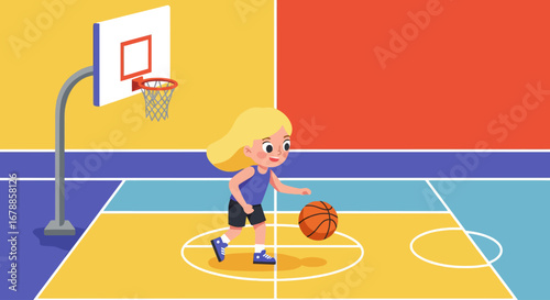 Vector Cartoon Illustration of Child Playing Basketbal