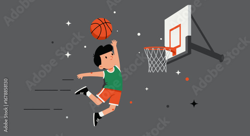Vector Cartoon Illustration of Child Playing Basketbal
